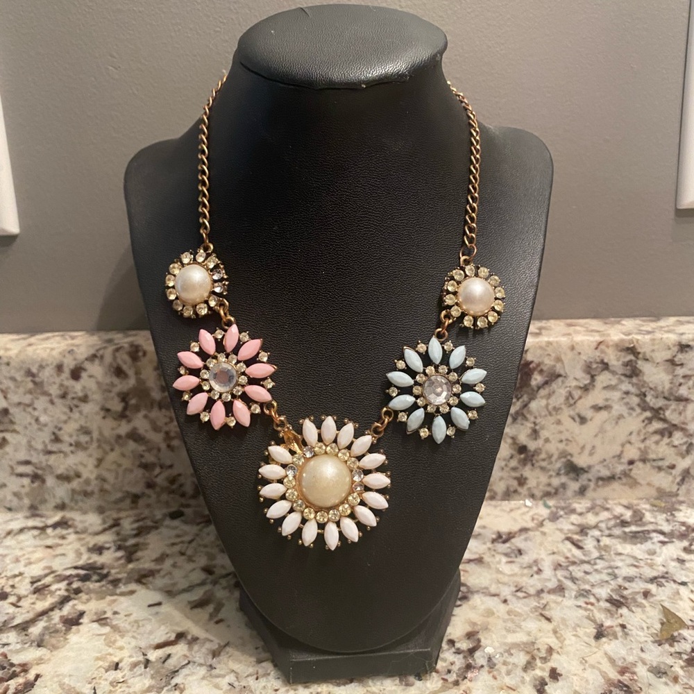 Pastel gem flower statement necklace with bronze chain